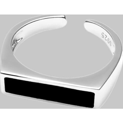 Simple Promotion Sale Black Galze Line Geometric Adjustable Rings S925 Sterling Silver Jewelry For Women Female Rectangle Ring