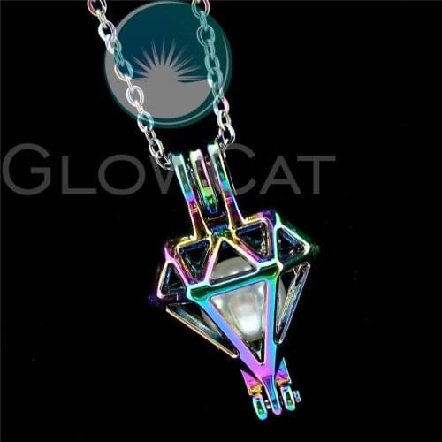R-C486 Rainbow Colors Geometric Beads Cage Pendant Essential Oil Diffuser Aromatherapy Pearl Cage Locket Necklace