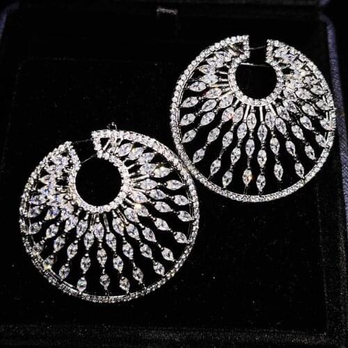 Luxury Hollow Round Big Earrings Full Inlay Shiny Small Zircon Geometric Exaggerated Jewelry For Women Wedding Cocktail Party