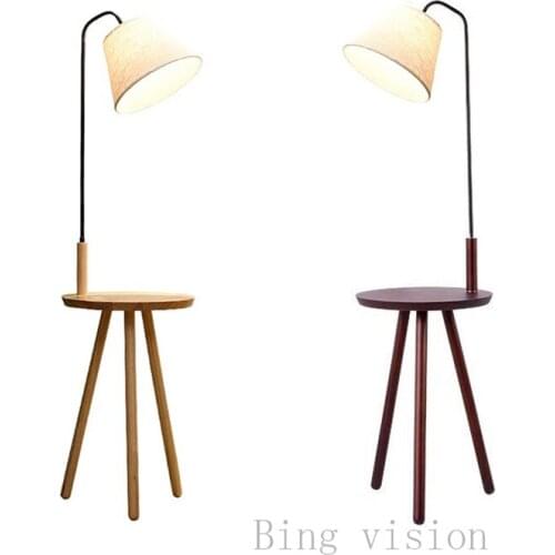 Nordic Modern Farbic Lampshade Floor Lamp with Wood Table Nordic Standard Lamp E27 Foyer Study Bedroom Hotel Lighting Fixture