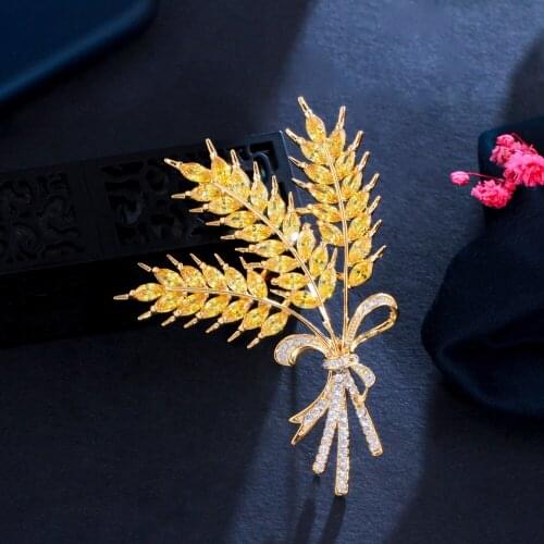 ThreeGraces Famous Brand Design Big Wheat Brooch Pin for Women Shiny Yellow Cubic Zirconia Banquet Accessories Jewelry XZ016