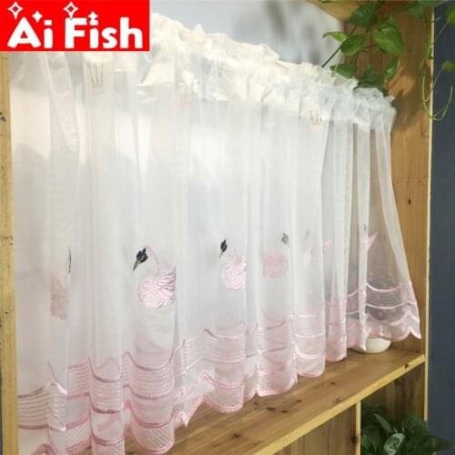 Pink Swan Double Lace Bottom Bead Embroidery Tulle Curtain Simple Modern Kitchen Study Custom Short Curtain Cortinas M062-3