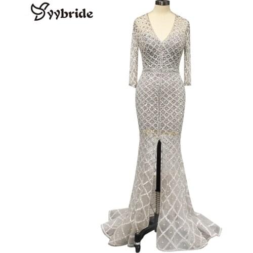 Actual Tailor Made V-Neck Full Sleeves Prom Dresses Floor-Length Hand Sewing Pearls Dresses Thigh Slits Mermaid Evening Dresses