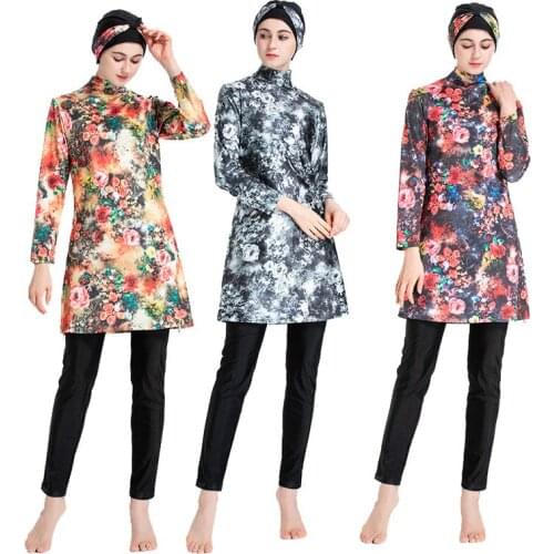 Waterproof Burkini 2019 New Sunscreen Muslim Swimsuit Print Islamic Swimwear Fashional Swimming Clothes Maio Feminino Praia