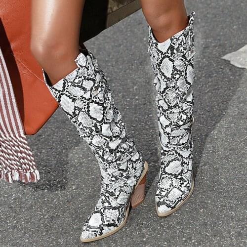 2021 Snake Print Fashion Knee High Boots Women Wedges Heel Western Boots Female Slip-On Pointed Toe Autumn Winter Shoes Woman