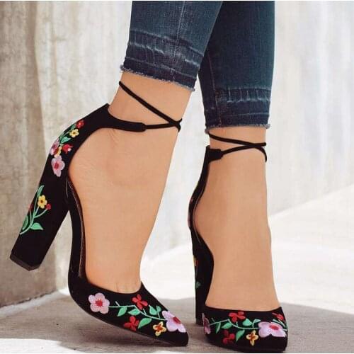 Women High Heels Plus Size Embroidery Pumps Flower Ankle Strap Shoes Female Two Piece Sexy Party Wedding Pointed Toe