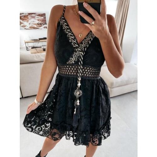 Women Elegant V Neck Wrap Dress 2021 Summer Sexy Spaghetti Strap Party Dress Ladies Casual Hollow Out Crochet Lace Beach Dress