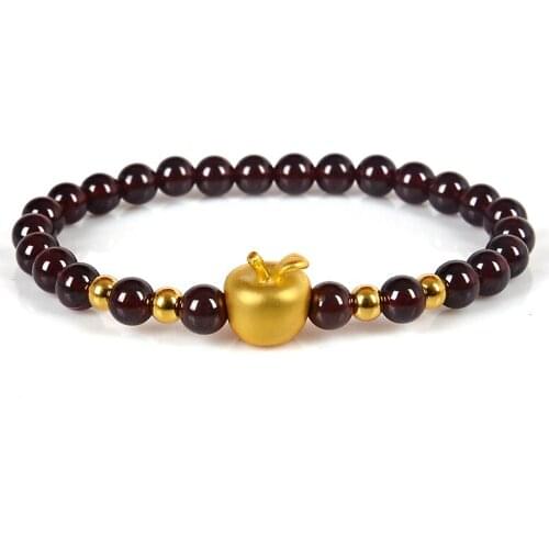 999 Gold Bracelet 24K 3D Hard Gold Gold Apple Bracelet Garnet Transfer Bead Road Pass Christmas Eve Christmas Gift 6.3inchL