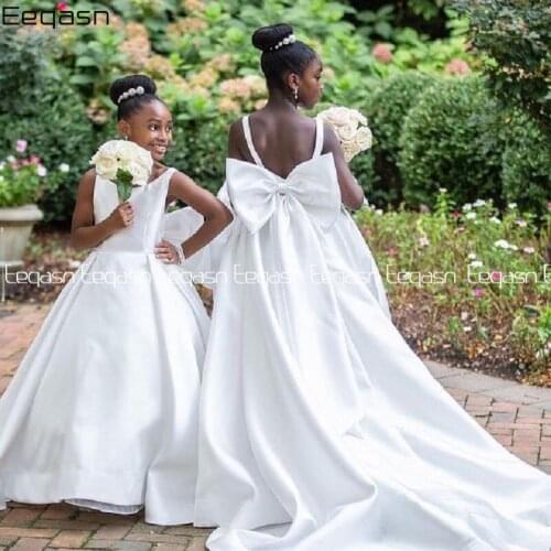 2021 Long White Ball Gown Flower Girl Dresses Big Bow on Back Girl Princess Satin Celebrity Dress Wedding Party Dress