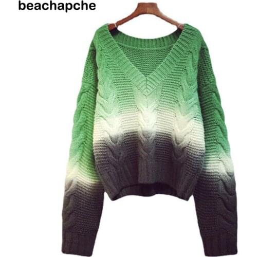 Beachapche 2021 Autumn Winter New Gradient Hit Color Patchwork Long Sleeve Loose Wild Womens Pullover Knitted Sweater Pull