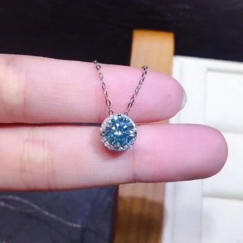 S925 Sterling Silver 1Ct Round Blue-green Moissanite Pendant Necklace Perfect Cut VVS Luxury Passed Diamond Test Clavicle Chain