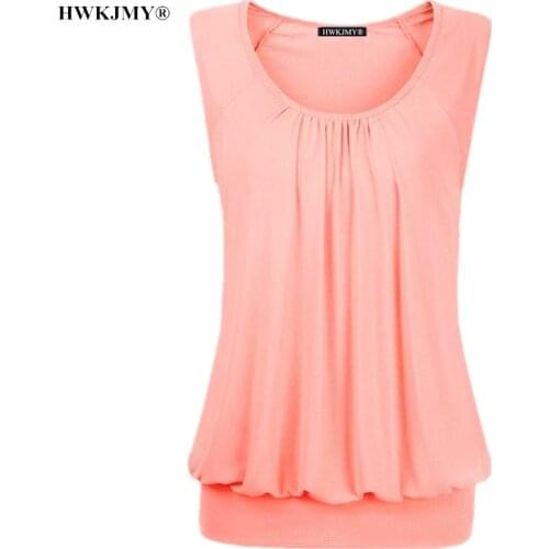 HWKJMY Women Solid Color Summer O-neck Sleeveless Blouse Casual Cotton Pleated Female Tank Tops Plus Size S-5XL