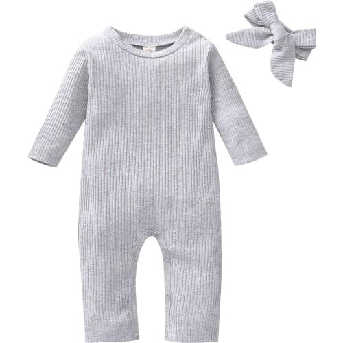 2Pcs Newborn Baby Girls Boys Solid Ripped Romper Bow Headband Long Sleeve O Neck Cotton Autumn Spring Rompers Jumpsuits 0-18M