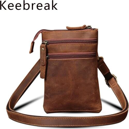 Keebreak Crazy Horse Leather Slim Crossbody Bags Men Flap Vintage Small Personal Pocket Shoulder Bags Male Sling Messenger Bag