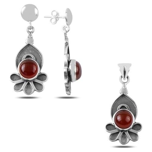 Kutaydan Red Agate Stone Handwork 925 Sterling Silver Set Made in Turkey