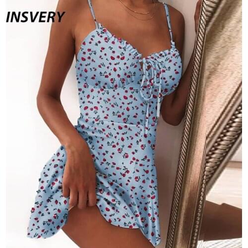 INSEVRY 2021 Summer V Neck Floral Print Dress Women Off Shoulder Ruffle Party Dress Sexy Lace-Up Backless Mini Dresses Vestidos