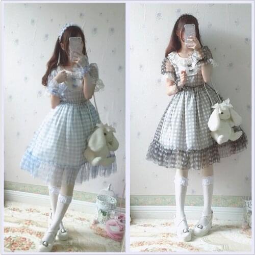 Summer Cool Womens Lolita OP Princess Fresh Plaid Dress Ruffled Net Yarn Lace Trim One Piece Cute Colors Black/Blue