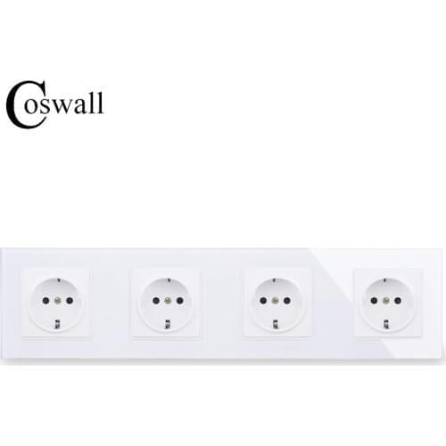COSWALL Wall Crystal Glass Panel 4 Gang Power Socket Grounded 16A EU Standard Quadruple Outlet With Children Protection Door