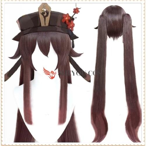 Genshin Impact Hutao Hu Tao Cosplay Wig Gradient Pigtails Synthetic Long Straight Heat Resistant Hair Ponytails Women + Wig Cap