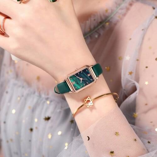 Rectangle Women Fashion Watches Elegant Ladeis Quartz Wristwatches Ulzzang Luxury Brand Black Green Female Watch Leather Clock