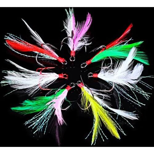 20Pcs/lot Fishing Hooks With feathers 2/4/6/8/10 High Steel Carbon Material Treble Fishing Hook three claw hook