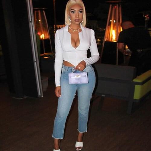 Sexy Deep V Neck Long Sleeve Crop Tops for Women Clubwear Fall Winter White Corset Top Tshirts High Street Wear