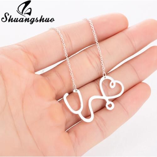 Shuangshuo Fashion Nurse Heart Stethoscope Necklace Nursing Doctor Jewelry Medicine Graduation Gifts Chain Pendants Necklaces
