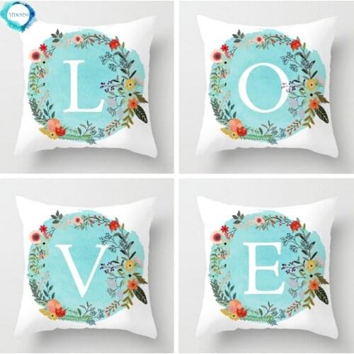 Blue Floral A-Z 26 Letters Cushion Cover Polyester Alphabet Throw Pillow Cover Decorative Sofa Pillow Case Pillowcase 45x45cm