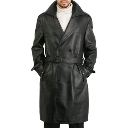 PU leather trench coats mens motorcycle mid-length clothes youth business double-breasted suit collar long-sleeved black winter