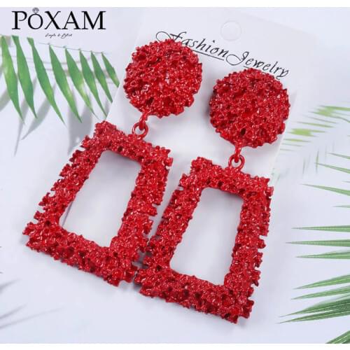 POXAM statement geometric metal drop earrings for women 2019 summer fashion red gold black ear hanging Pendant earring jewelry