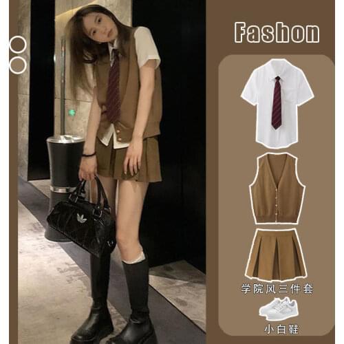 Suit Short Skirt Female 2021 Summer New Korean Style Shirt + Knitted Vest + Pleated Skirt Three-piece Suit