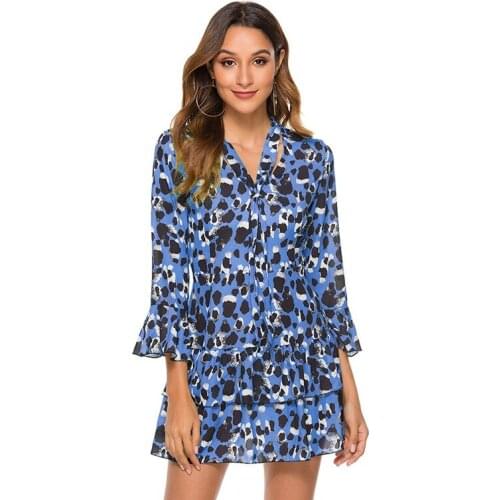 Boho Dress For Women 2021 Summer Flare Sleeve Leopard Print Mini Dress Female V-Neck Short Dress Elegant A-Line Dress Vestidos