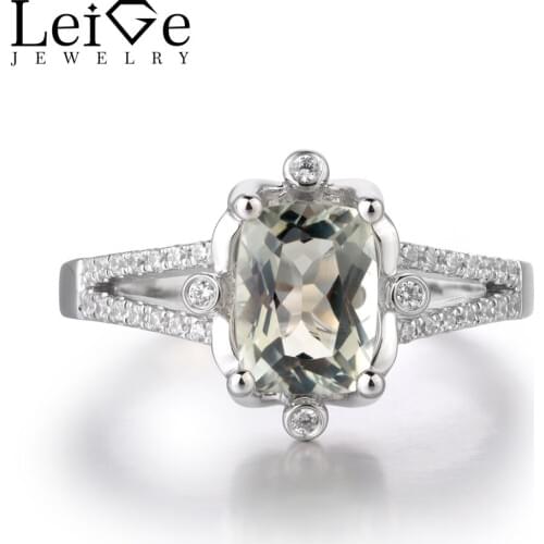 Leige Jewelry Natural Green Amethyst Gemstone Cushion Cut Wedding Rings Romantic Gifts For Woman 925 Sterling Silver