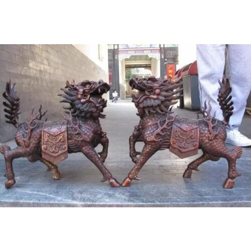 16 Chinese Red Bronze Copper Feng Shui Evil Foo Dog Lion kylin Kirin Statue Pair
