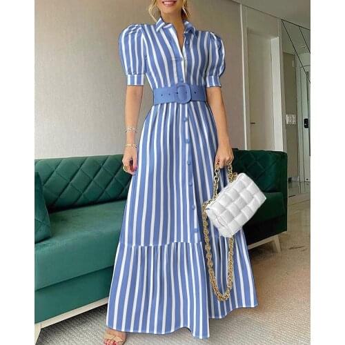 White Elegant Dress For Women Stand Collar Lantern Short Sleeve High Waist Sashes Slim A Line Maxi Dresses Female 2021 Spring