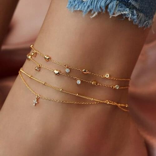 Gold Multilayer Crystal Cross Anklet for Women Simple Anklets Vintage Adjustable Foot Bracelet Beach Summer Jewelry