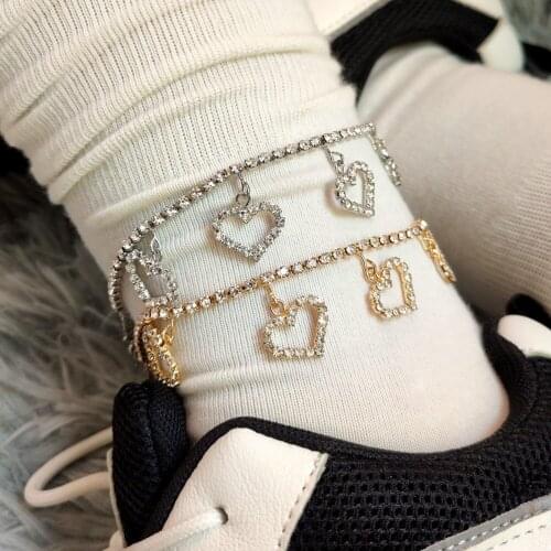 Boho Cute Crystal Heart Tennis Anklet for Women Gold Silver Color Rhinestone Love Heart Ankle Chain Bracelet Beach Foot Jewelry