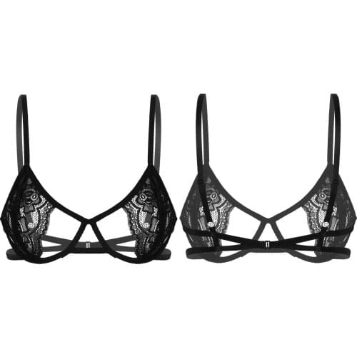 Newest Womens Femme Special Hollow Out Sissy Lace Bra Tops with Hole Spaghetti Strap Brassiere for Exotic Apparel Lingerie Bras