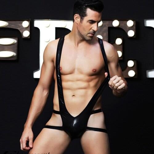 One Piece Black PVC Leather Hollow Out Sexy Jumpsuit Lingerie Men Exotic Bodysuit Night Wear Shoulder Strap G String Underwear