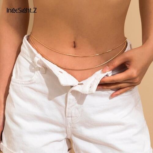 IngeSight.Z Multi Layered Copper Flat Blade Snake Chain Harness Waist Belly Chain for Women Sexy Summer Beach Body Jewelry Party