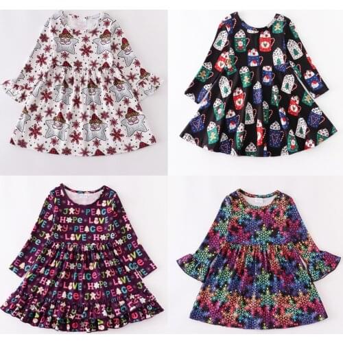 Girlymax Christmas Baby Girls Kids Clothing Milk Silk Dinosaur Flamingo Santa Print Ruffles Twirl Dress Knee Length Long Sleeve