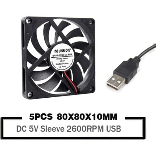 5 Pieces YOUNUON DC 80MM 5V USB Fan 80x80x10mm Sleeve Bearing PC Brushless Case Cooling Fan 8010 8CM Laptop CPU Cooler Fan