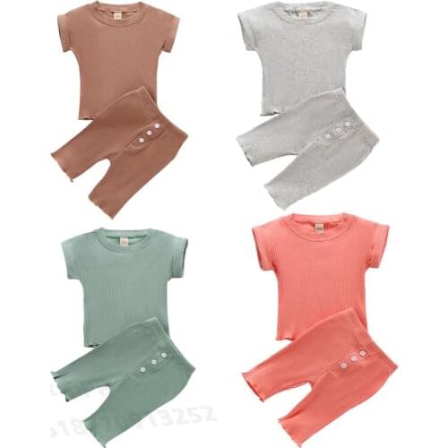 Baby Boy Girls Clothing Suits Summer Casual Kids Short Sleeve Top T-shirt+Button Decor Elastic Sports Pants Ribbed Tracksuits