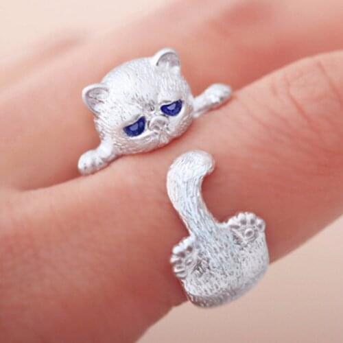 FATPIG Fashion Lovely Cute Cat Rings for Women Animal blue Cat Eyes Opening Rings Silver Plated Ring Vintage Jewelry 2018
