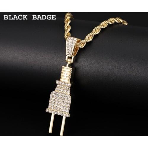 Hip Hop Mens Plug Pendant Necklace Iced Out Bling Gold Silver Color Charm Micro Pave Full Rhinestone 2021 Fashion Jewelry