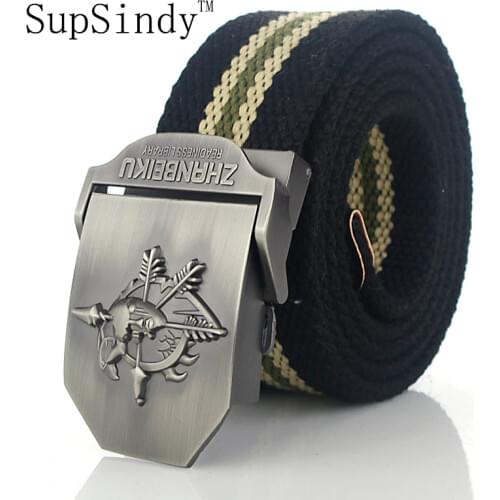 SupSindy mens canvas belt Soul Mask metal buckle military belt Army tactical belts for men top quality male strap Black stripes