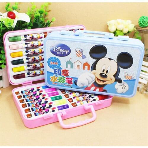24 colors/set Disney Mickey cartoon watercolor pen with seal plastic box set childrens painting art supplies toys