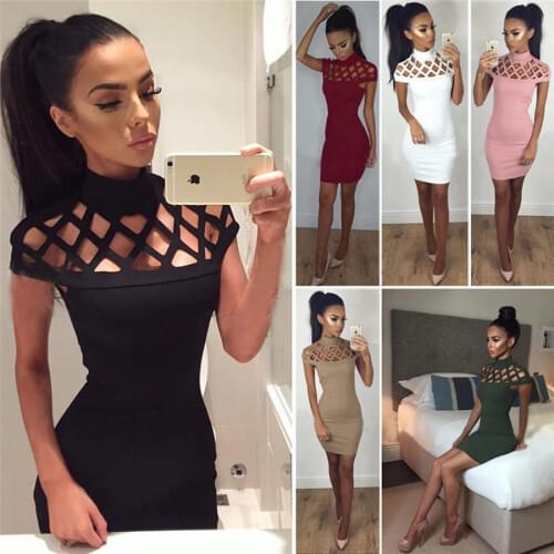 2018 new fashion six-color dress high collar hollow decorative tight mini sexy nightclub ladies wild dress
