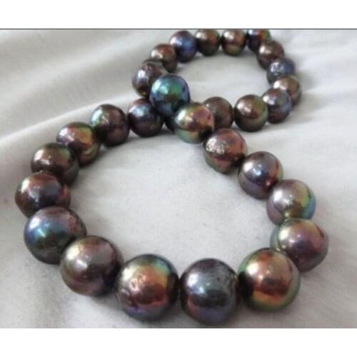 Huge 18"13-15mm natural south sea genuine black multic nuclear pearl necklace