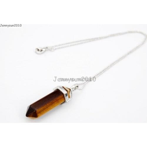 Natural Tigers Eye Gems Stones Hexagonal Pointed Healing Reiki Chakra Pendant Beads Silver 17'' Chain Necklace 5 Sets/Pack